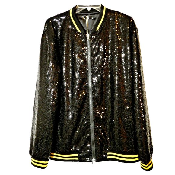 Black Varsity Jacket Football Sequins Party Back to School Wedding Adult Size L - Picture 1 of 9
